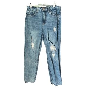 Indigo Rein Acid Wash Light Distressed Hole Raw Hem High Waisted Straight Leg